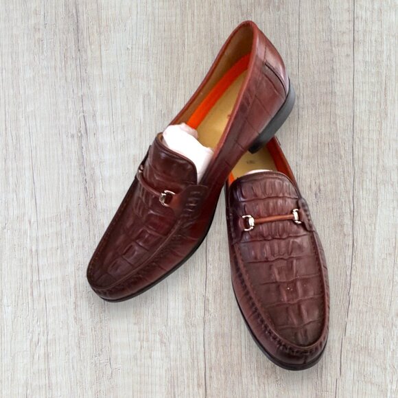 Golden Coast Brown Crocodile Embossed Leather Bit Slip-On Loafers Shoes Mens 11M - Picture 2 of 15
